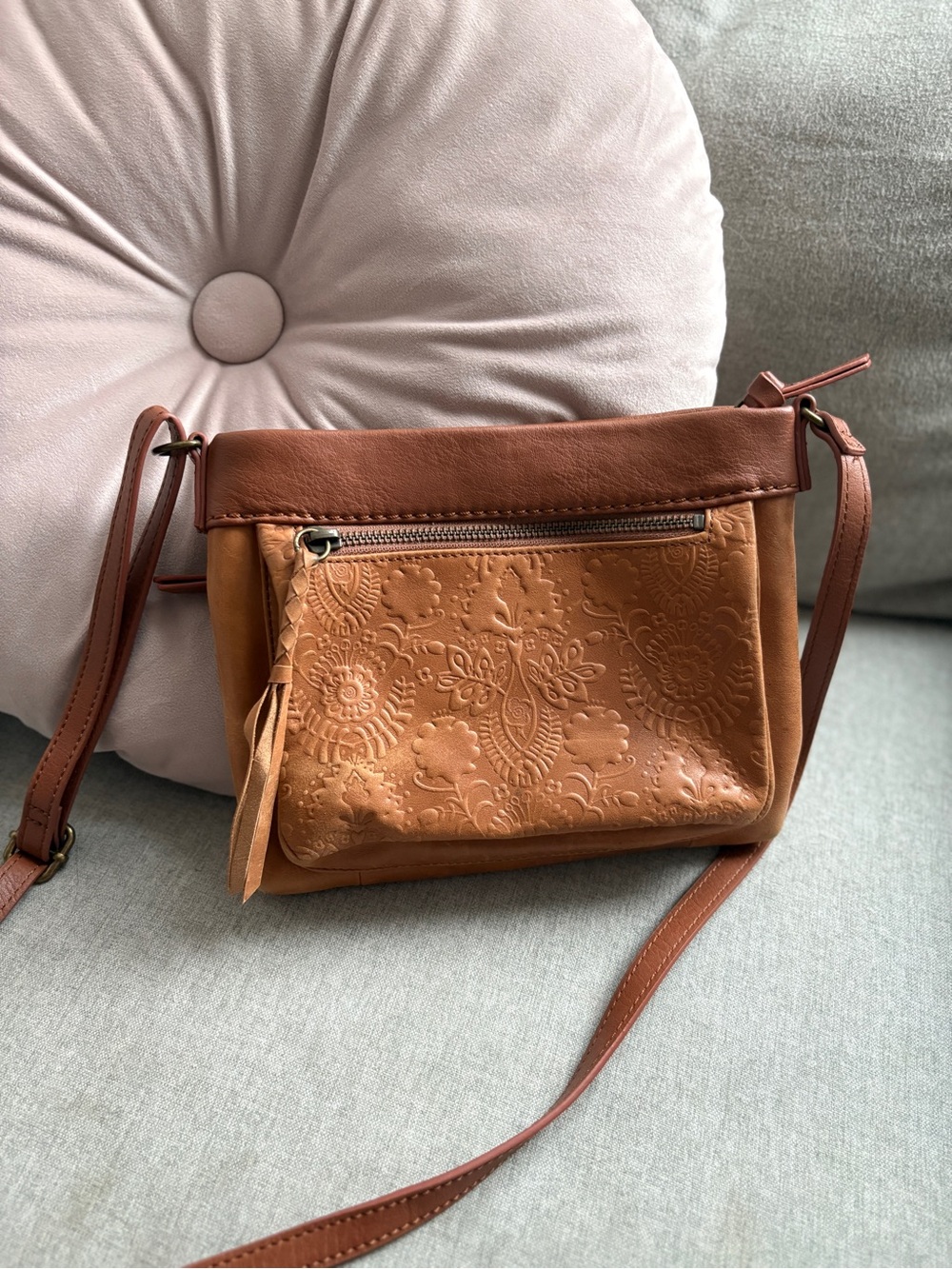 The Sak Sanibel Mini Crossbody Bag Tan Brown Floral Embossed Leather